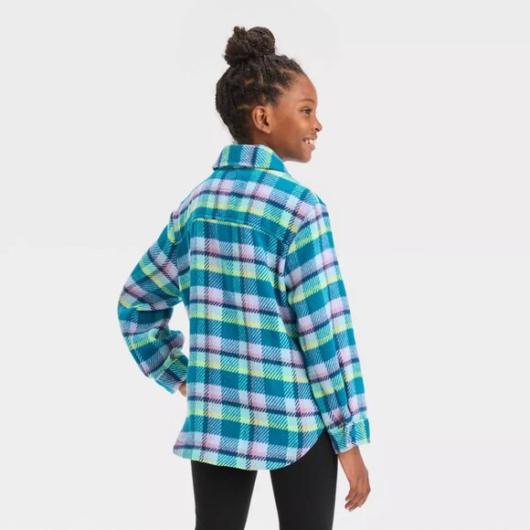 COPYCat & Jack - Girls' Plaid Button-Front Long Sleeve Shacket - Teal Blue Plaid - Picture 2 of 13